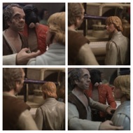 HUMAN: "You just watch yourself. We're wanted men. I've got the death sentence in twelve systems." LUKE: "I'll be careful." The nervous young adventure returns to his drink, hoping that was enough to loose the attention of these two. Suddenly, Luke is spun around and pulled face to face with the hideous man. HUMAN: "You'll be dead!" #starwars #anhwt #toyshelf